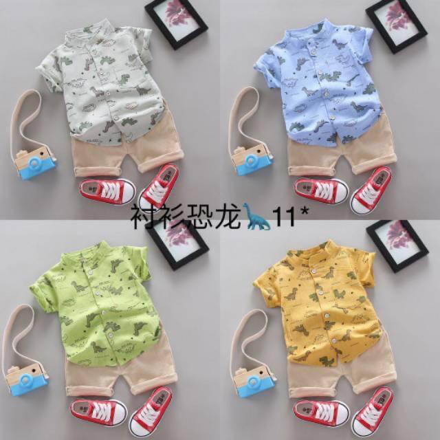 Import FULLPRINT 3D DINO shirt set kemeja anak import laki laki 0-4tahun baju pergi kerah setelan import anak laki laki