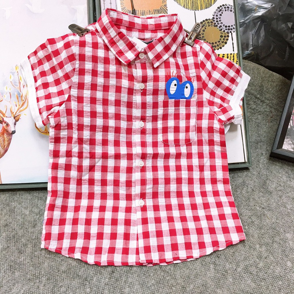 TOTOTAshop.Kemeja ANTS 5 ZP kids.Bahan katun,Lengan pendek,saku asli,Gambar diatas saku asli BORDIR