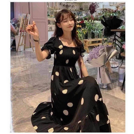 b017, import Polkadot Maxi Dress Model Lengan Pendek Puff Dress Import