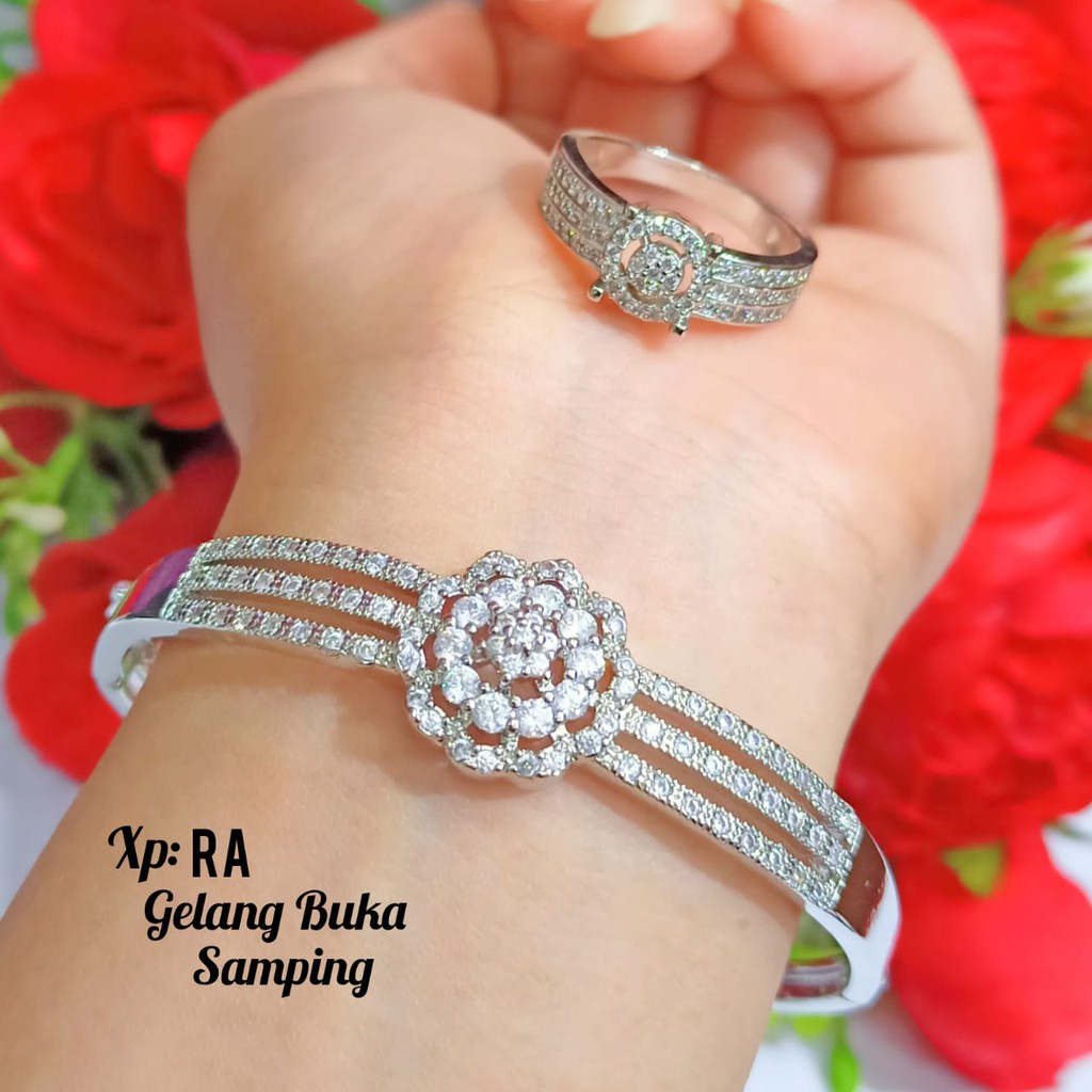 Gelang TITANIUM Bangkok Dewasa FREE cincin, motif permata full zircon menawan gold&amp;silver,tidak karat COD