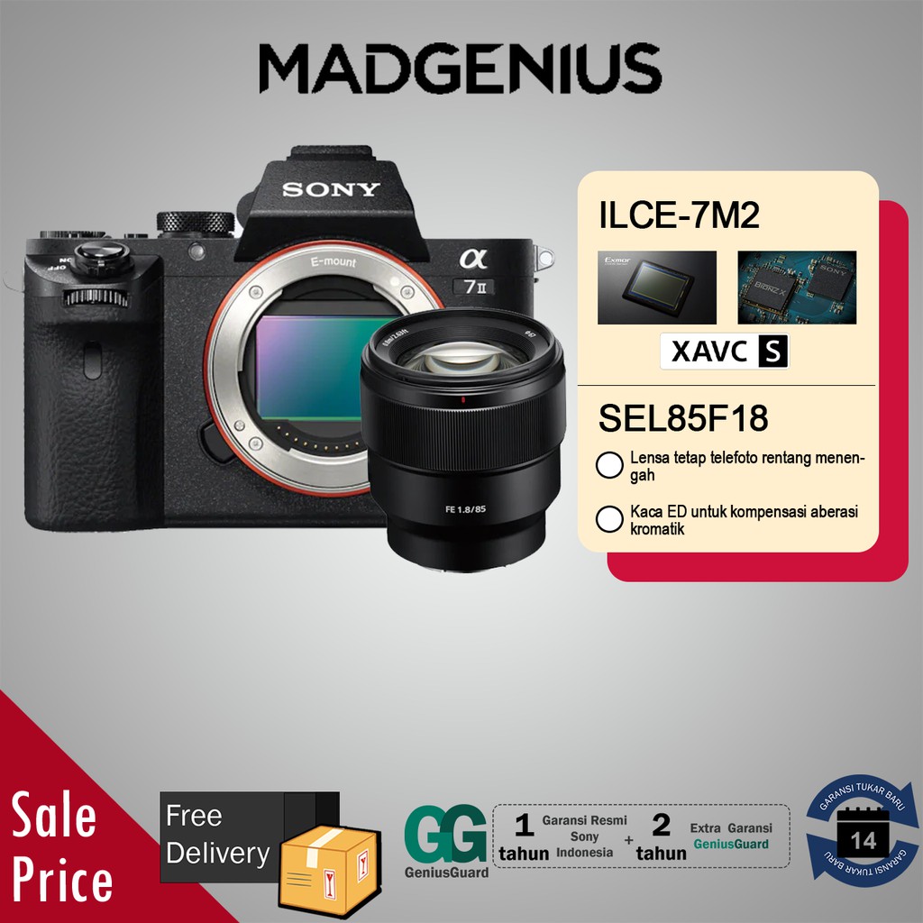 SONY Alpha a7II / a7 mark II / ILCE-7M2 Kamera Mirrorless [Body Only] with Lensa FE 85mm F1.8 -Hitam