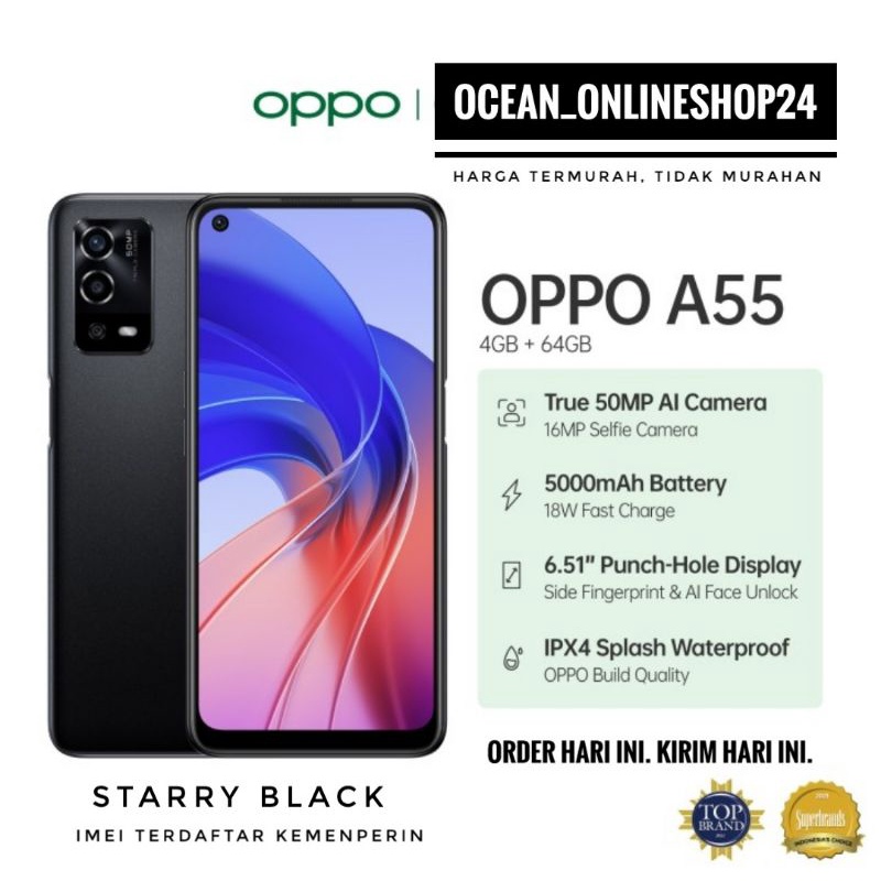 OPPO A55 RAM 4GB 64GB - STARRY BLACK - 50MP - HELIO G35 - IPX4 - 5000mAh