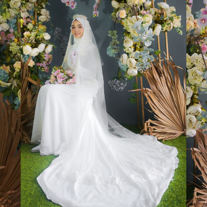 MALAYA DRESS LONG TAIL BYGIAGIO gaun akad simple gaun wedding pernikahan baju muslim putih dress lamaran elegan pakaian wanita pesta elegan fashion korea dres lebaran cantik anggun mewah nyaman gaun vintage fashion dress bahan lace brokat baby doll furing