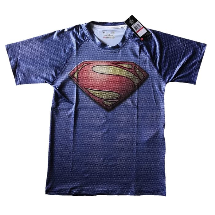 Kaos Olahraga Pria Superman Biru Running Gym Fitness Baselayer Baju Slim Fit