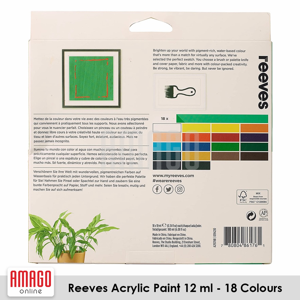 REEVES ACRYLIC PAINT 12 ml - SET 18 COLOURS