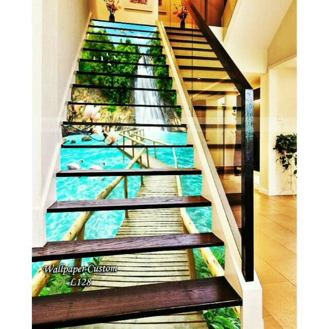 WALLPAPER STICKER LANTAI 3D TEMA JEMBATAN AIR TERJUN harga grosir termurah
