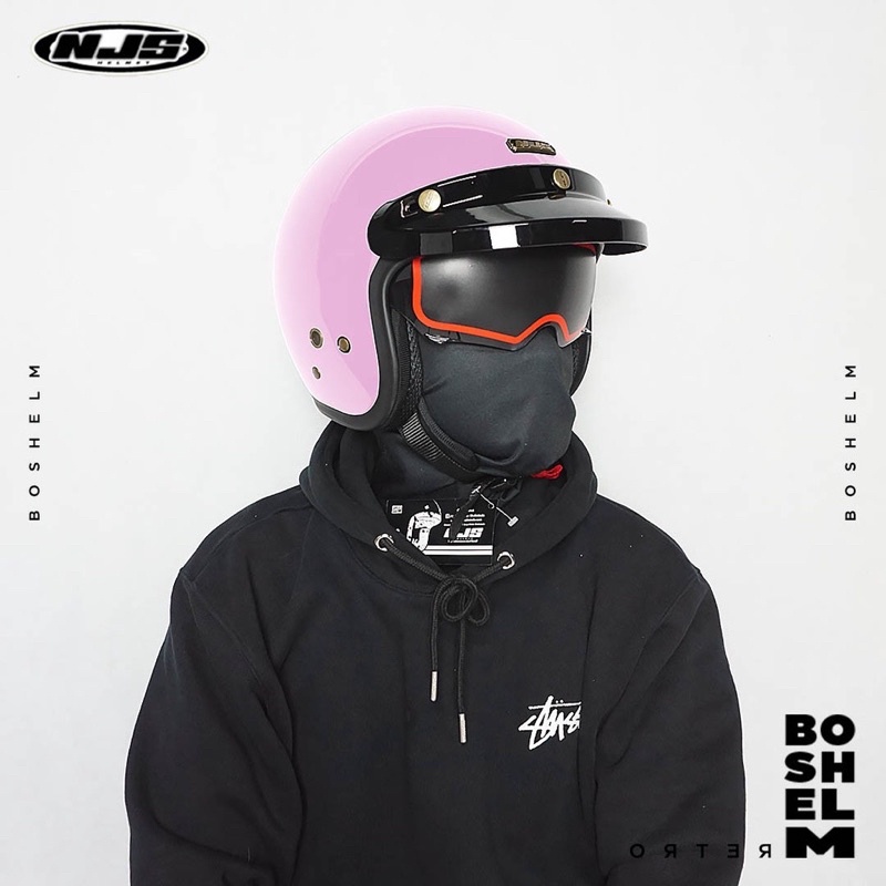 HELM NJS NX 2 RETRO SOLID DOUBLE VISOR INTERCOM FREE PET ORIGINAL 100%-Peach Pink