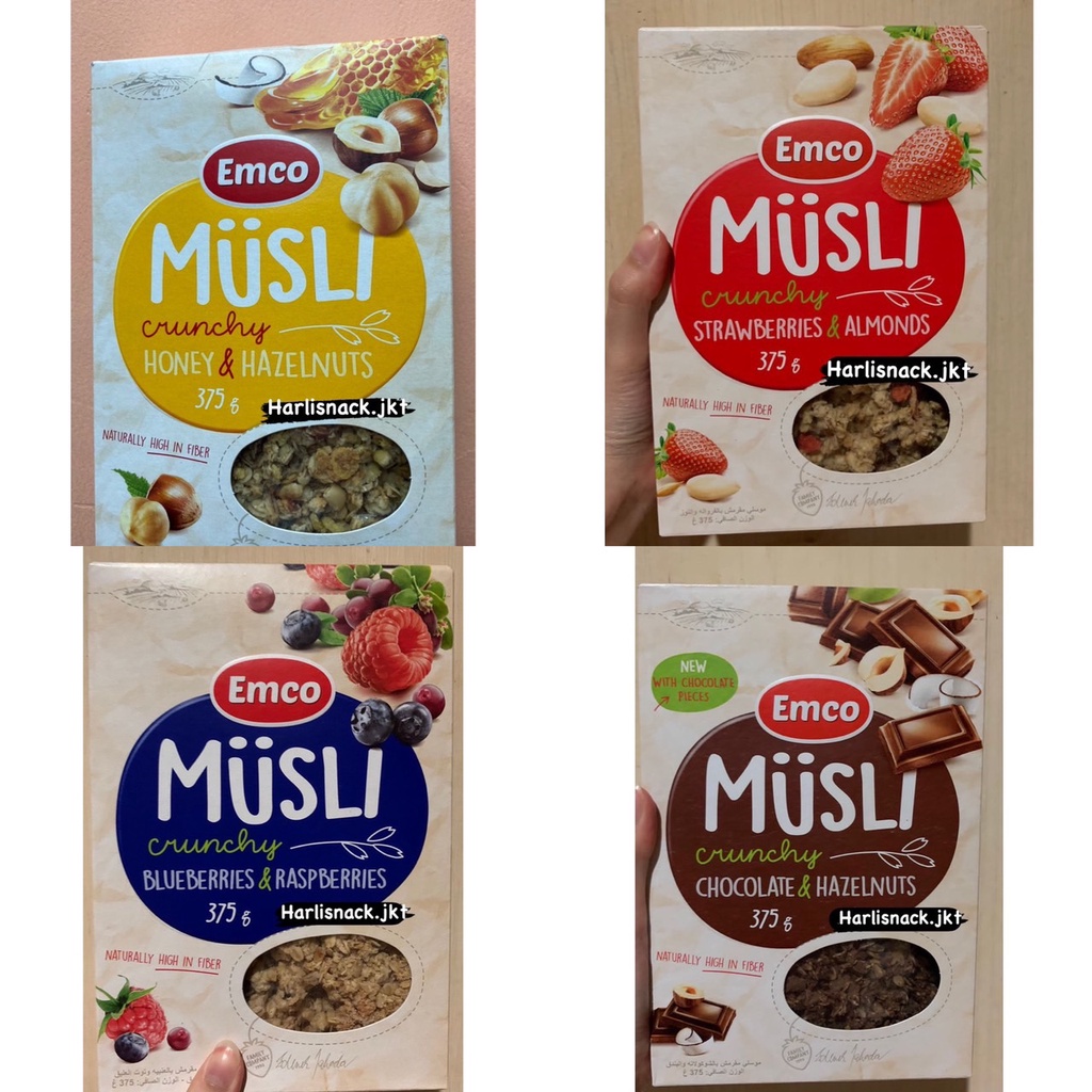 

EMCO MUESLI MUSLI CEREAL CRUNCHY STRAWBERRY ALMONDS / CHOCOLATE HAZELNUT / TROPICAL FRUITS / BLUEBERRIES