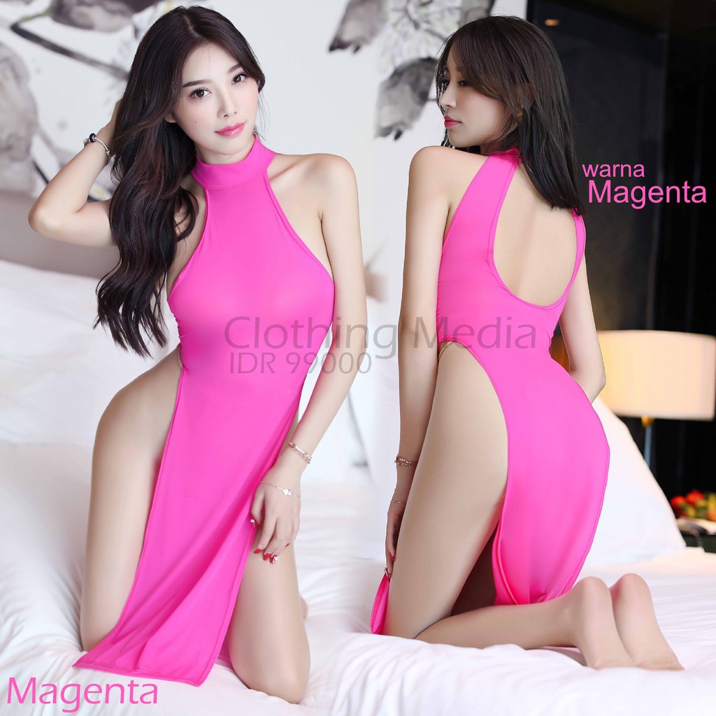 Bodysuit Gaun Split Silky Turtleneck Belahan Samping Mini Lingerie Baju