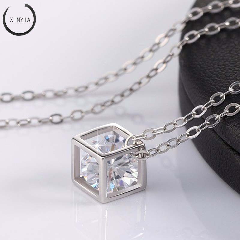 Kalung Alloy Anti Karat Crystal Rantai dengan Liontin Batu Zircon Bentuk Kotak untuk Wanita