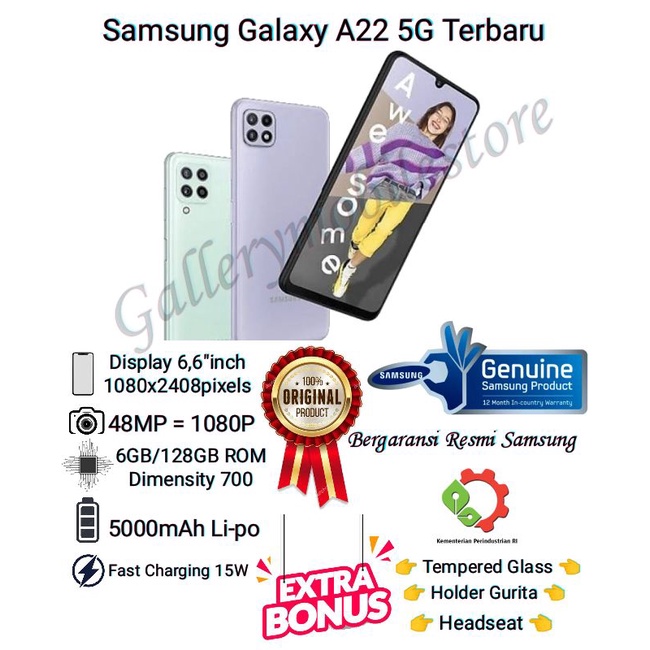 Handphone Samsung Galaxy A22 5G Ram 6/128GB External Memori Up To 1TB | Garansi Resmi Samsung A 22 5G | Camera Depan 8MP | Kamera Belakang 48+5+5MP