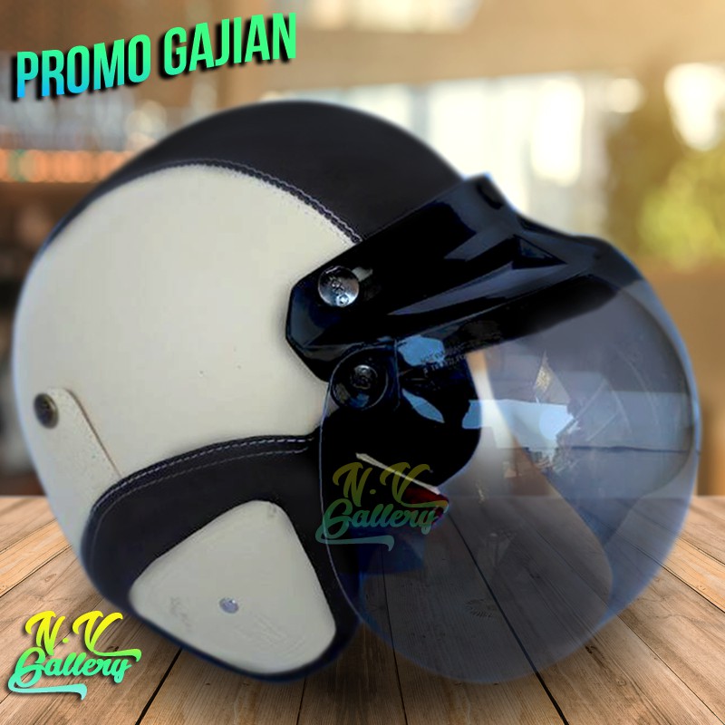 Helm Retro Bogo SNI Kulit Klasik Krem Coklat Kaca Bobo