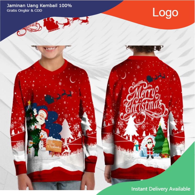 Kaos Natal Anak Terbaru 2021/2022 Lengan Panjang Bahan Jersey FULLPRINT