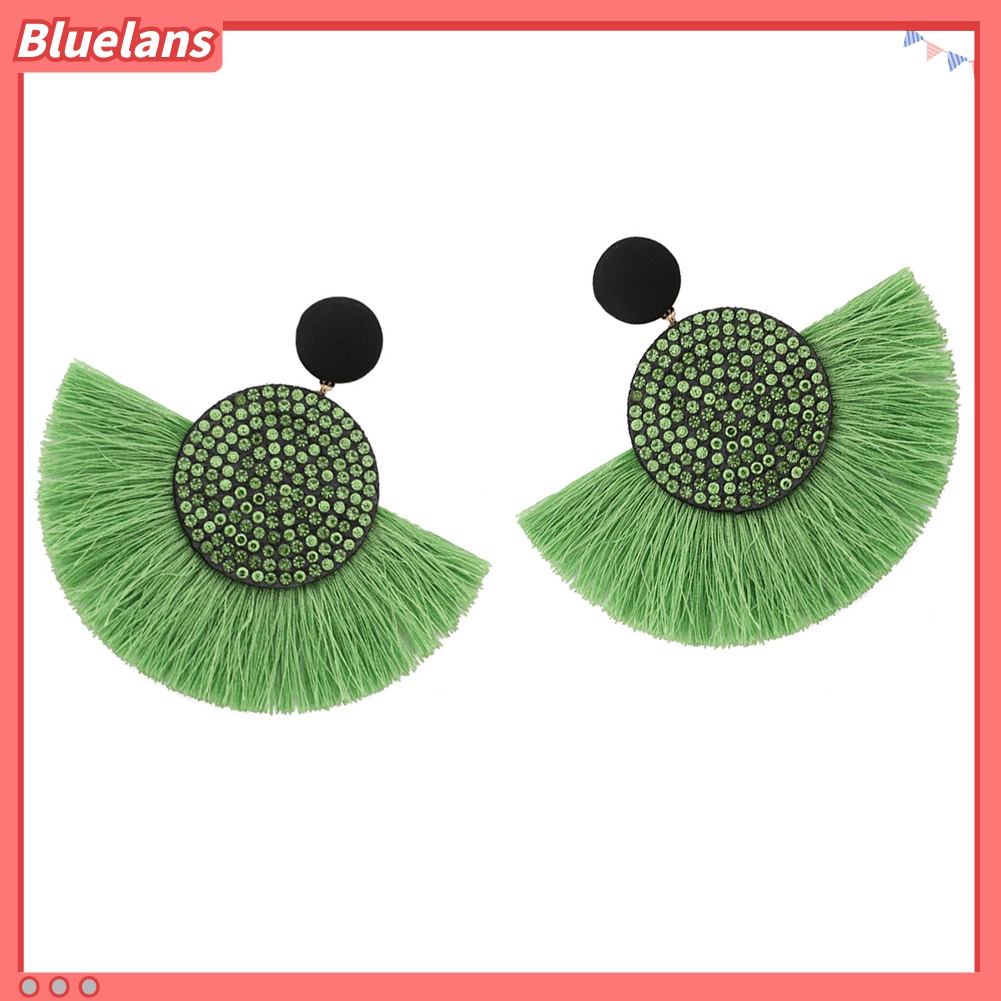 Anting Stud Bentuk Kipas Rumbai Aksen Berlian Imitasi Gaya Bohemia Untuk Wanita