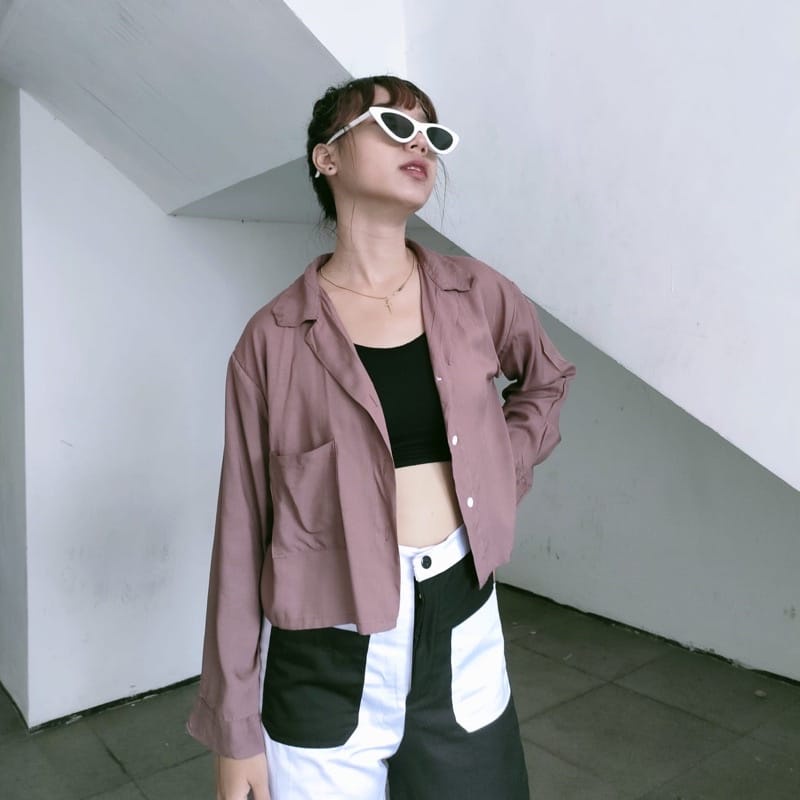 BEFAST - ZEC OOTD Wanita Kemeja POPAY / Kemeja Crop Pocket / Atasan Wanita / Lengan Panjang / Kemeja Crop Kekinian Remaja / Bisa Di Jadikan Outer / Kemeja Crop Style Korean