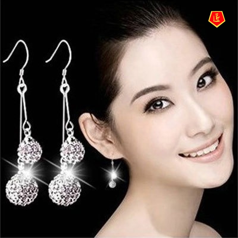 [Ready Stock]Silver Ball Rhinestone Tassel Earrings Elegant