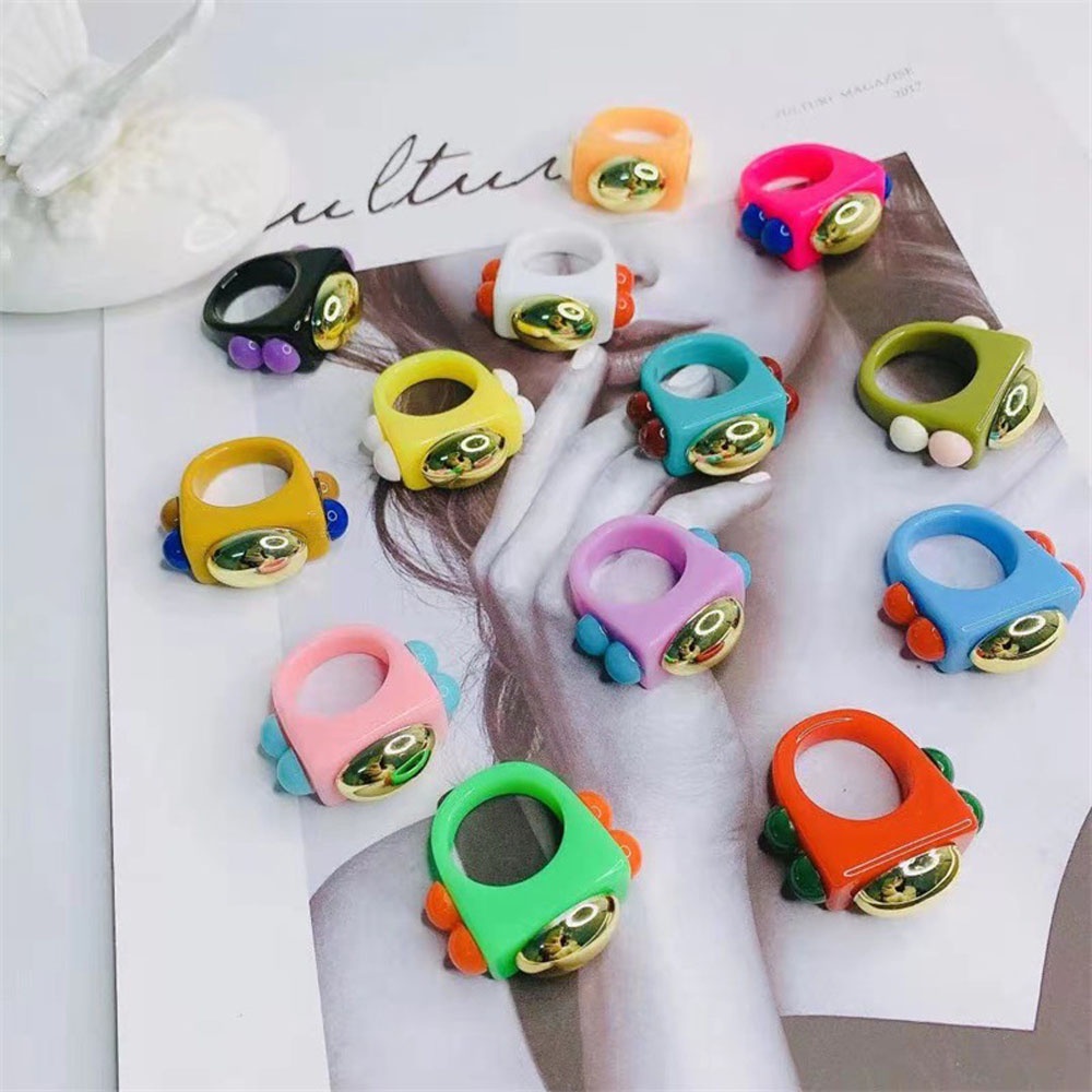 Needway  Men Finger Rings 2021 New Style Thumb Rings Rings Metal Ball Rectangle Square Candy Color Resin Geometric Korea Fashion Jewelry/Multicolor