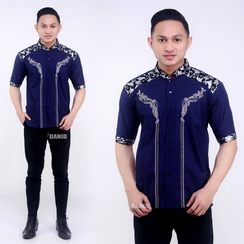 Baju Koko Pria Bordir Kombinasi Batik Prada Lengan Pendek Motif Aripin Bakung