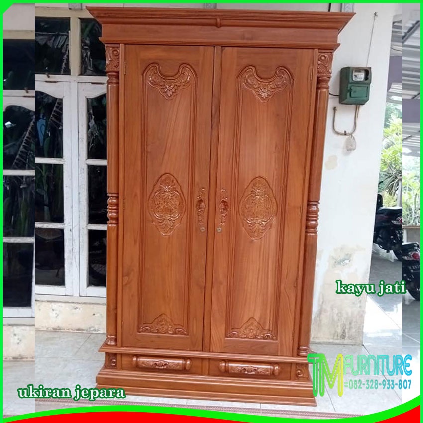 Lemari Pakaian 2 Pintu Ukiran Motif Peluru Kayu Jati Jepara