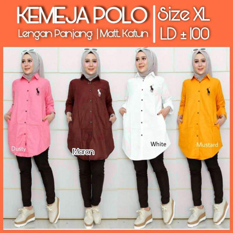 Baju Kemeja Tunik Lengan Panjang Wanita Putih Polo LD 100 Size XL / 120 XXL Baju Kerja atasan Ori NA
