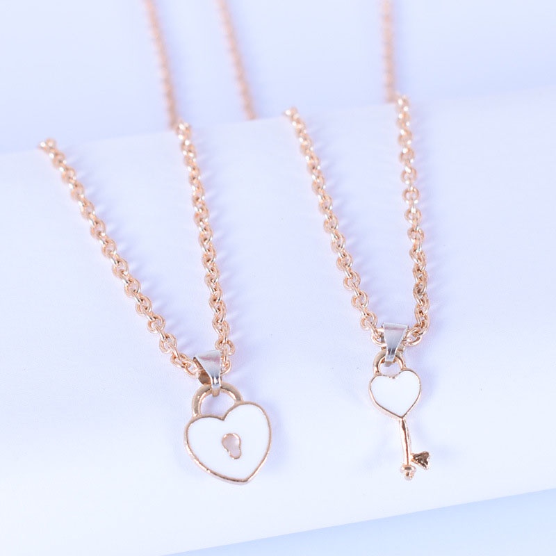 2 Pcs Fashion Wanita Trendi Kunci Liontin Link Rantai Kalung Hati Pasangan Pecinta Kalung - PD