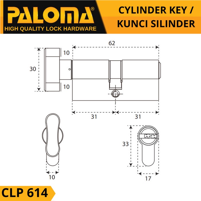 Paloma Knob Cylinder Kunci Silinder Knob CLP 614 DeLuxe KC-CK 62MM