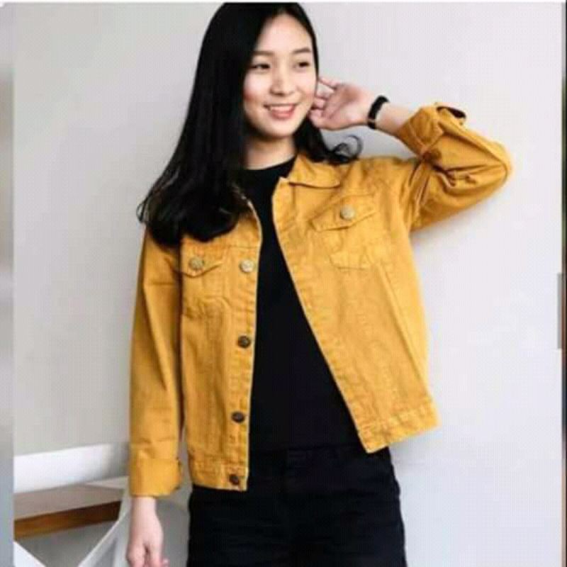 JACKET JEANS WANITA  BIONDY CROP DENIM JAKET LEPIS JINS JAKET CEWE CEWEK JAKET TERBARU-mustard