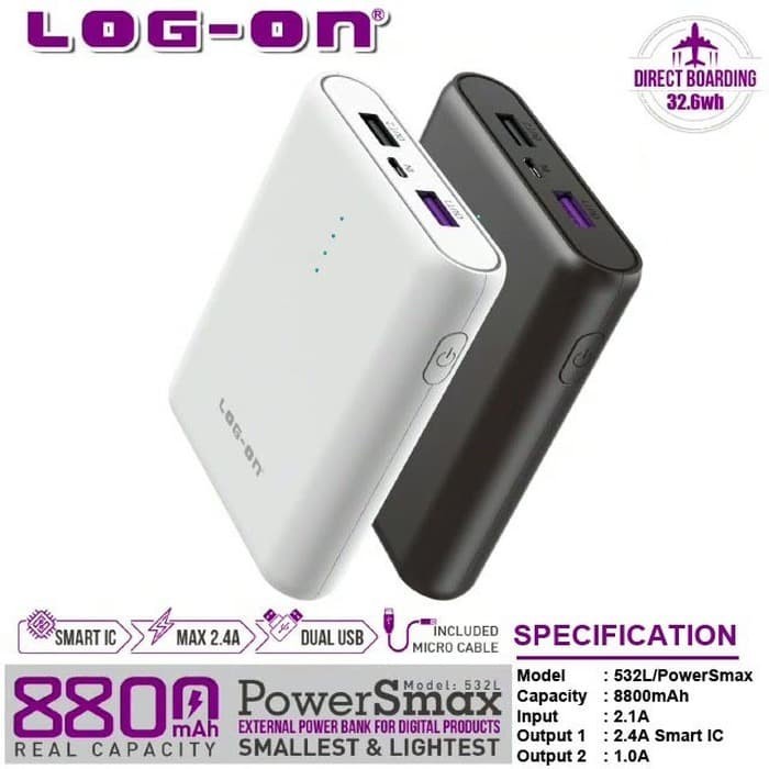 POWERBANK DUAL USB INCLUDE KABEL V8 2.4A 8800 MAH 532L LOGON POWERSMAX