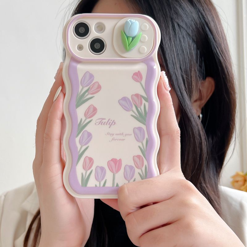 Soft Case Pelindung Kamera Motif Bunga tulip Warna Ungu Untuk IPhone 11 12 13 14 Pro Max