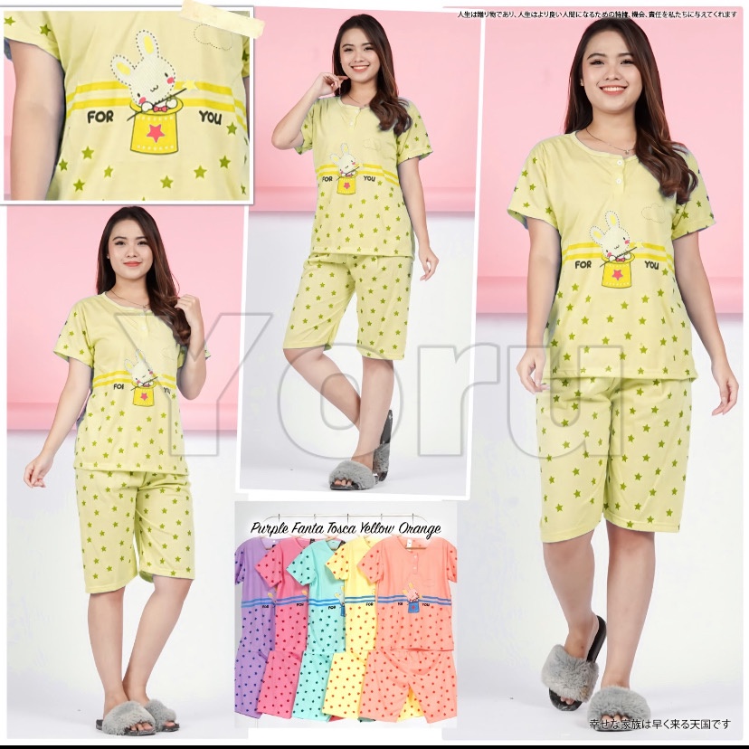 Pamelo.id Stelan C3/4 Baby Doll / Suplier Sleep Wear / Baju Tidur Wanita kaos Katun / Stelan Baju Tidur Murah Produk Terlaris Set HP-Rabbit star Yelow