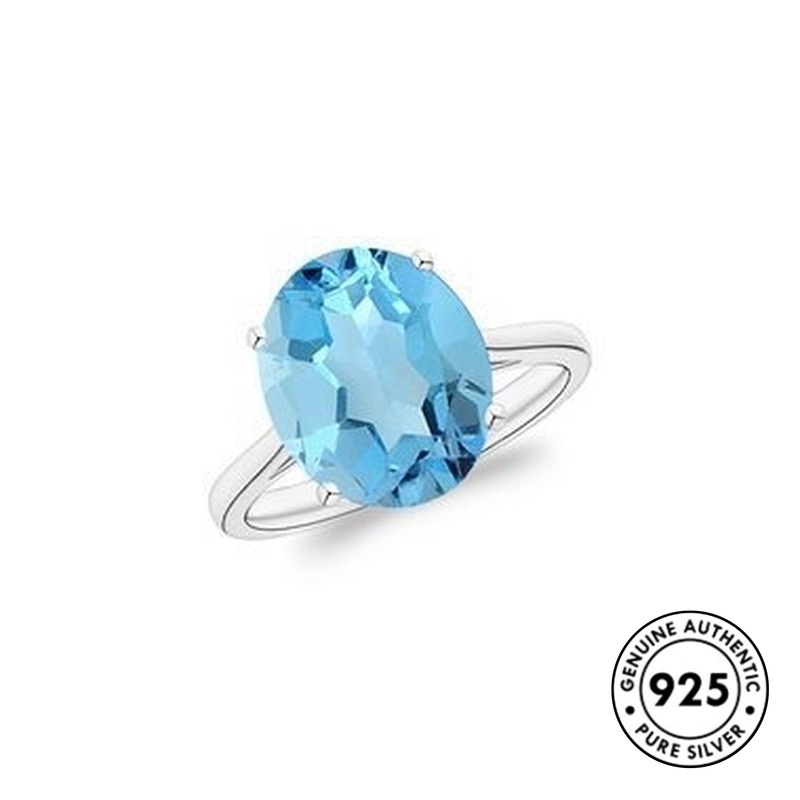 Cincin Sterling Silver 925 Klasik Dengan Kristal Warna Biru Untuk Wanita