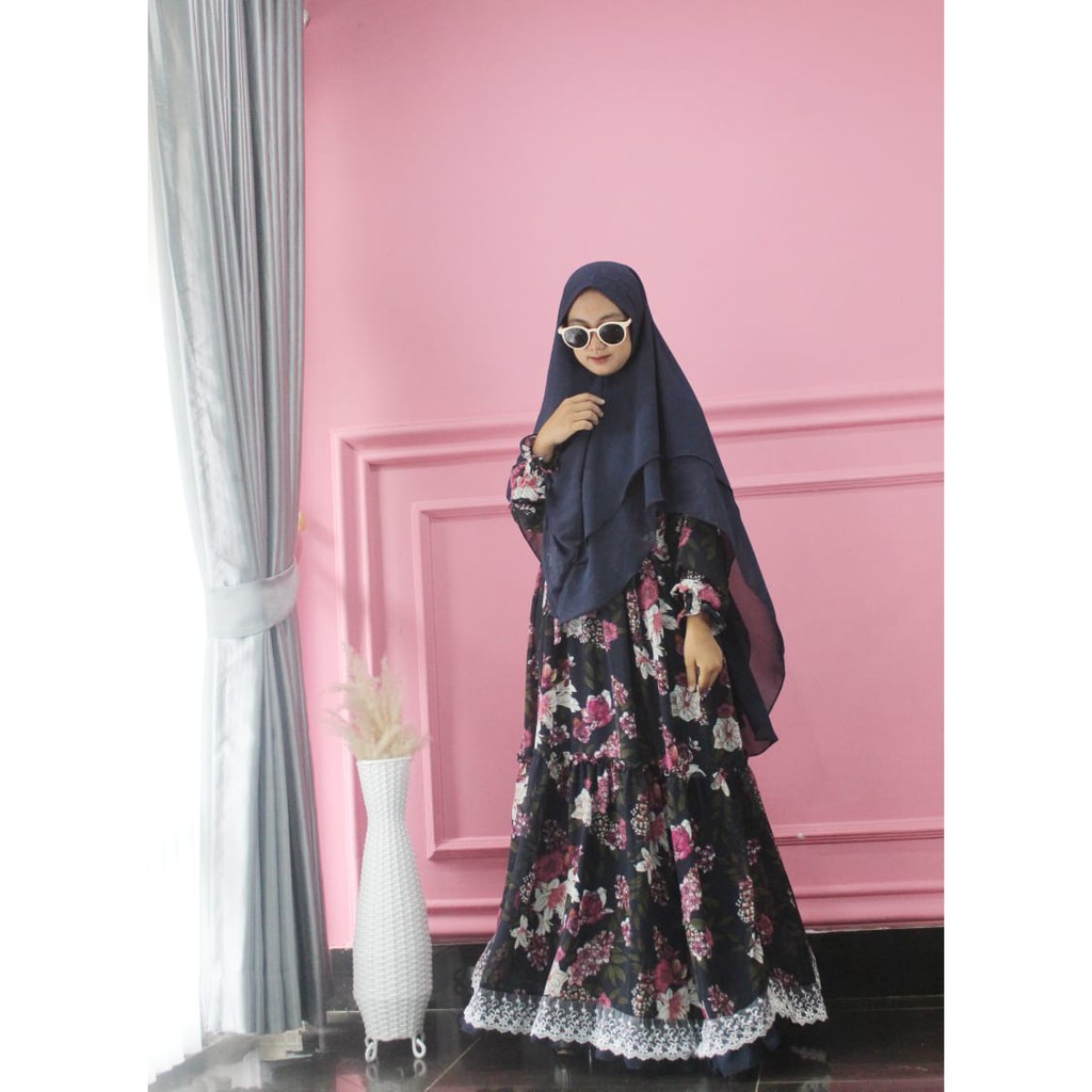 set sakura navy ceruty babydoll premium renda keliling // gamis syari