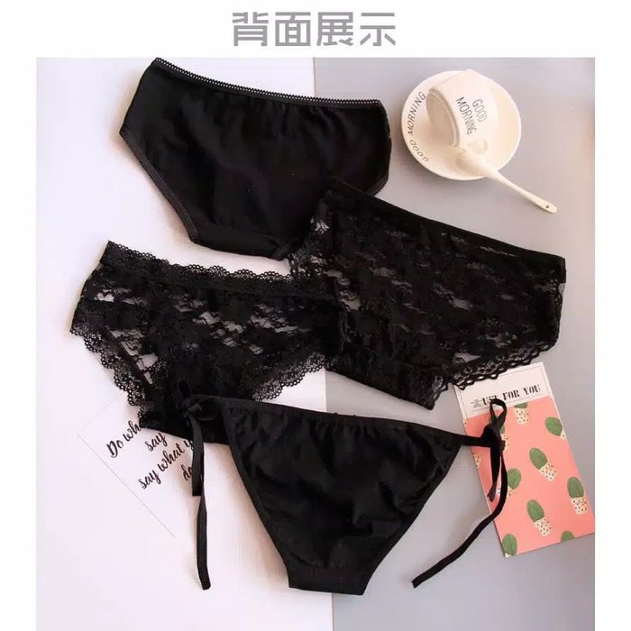 TBI Set 4pcs Celana Dalam Import Brukat Lace Black Sexy Lingerie Underwear