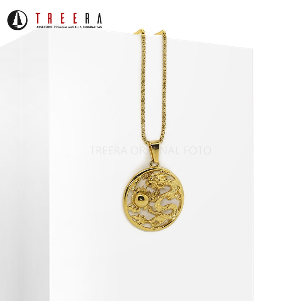 Treera - Kalung Titanium Pria Liontin Naga Gold Emas Original