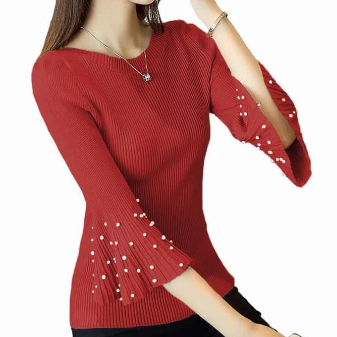 NEW KOREAN IMPORT Baju Atasan Wanita Sweater Rajut Tangan 3/4 Jaket Korea Mutiara Sisca - Maroon