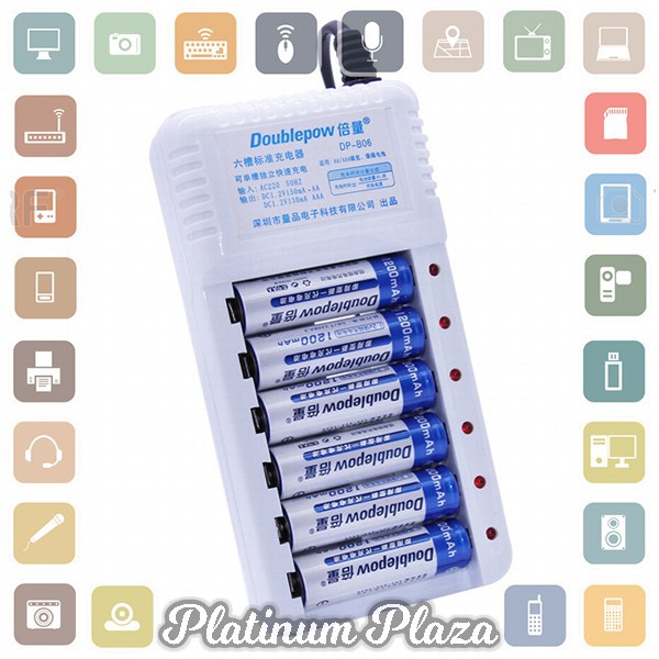 DOUBLEPOW Charger Baterai 6 slot for AA/AAA with 6 PCS AA Battery 1200mAh - DP-B06 - White`1244XF-