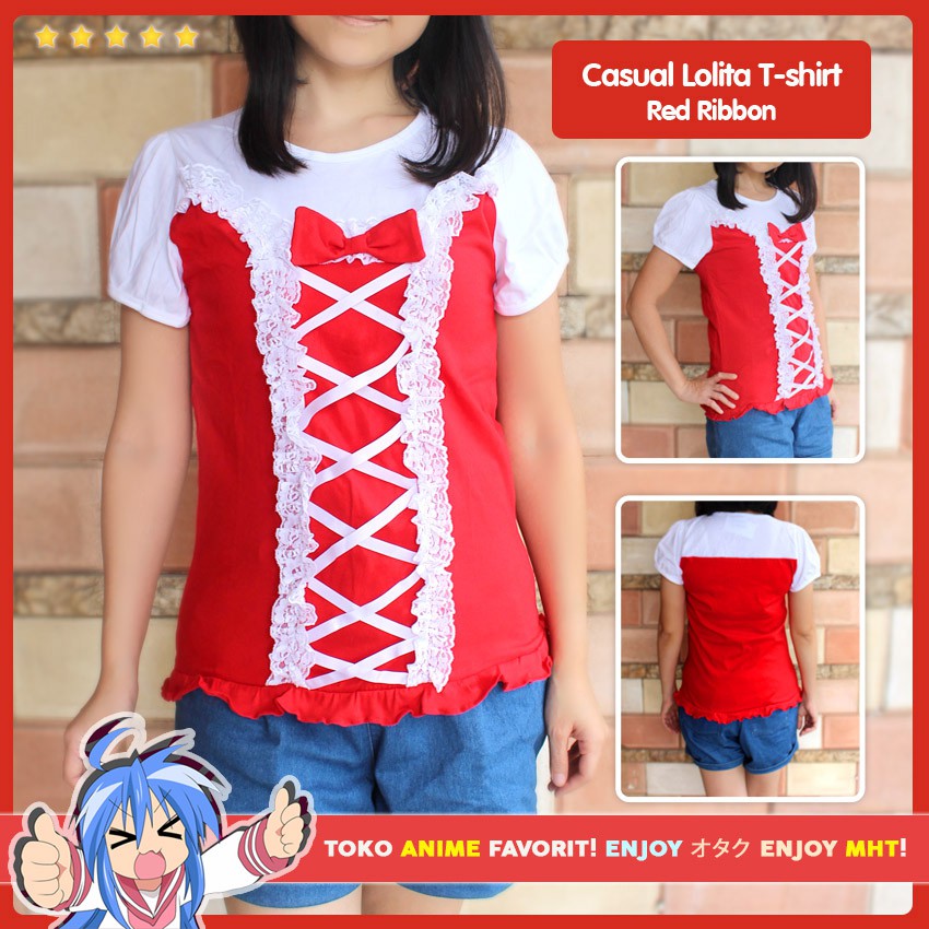 Kaos / T-shirt Lolita Casual Daily : Red Ribbon / Pita Merah