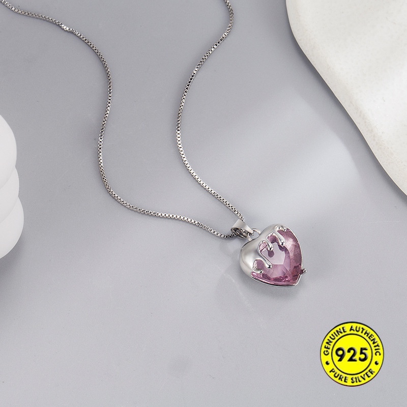 Kalung Rantai Sterling Silver 925 Dengan Liontin Hati / Strawberry Untuk Wanita