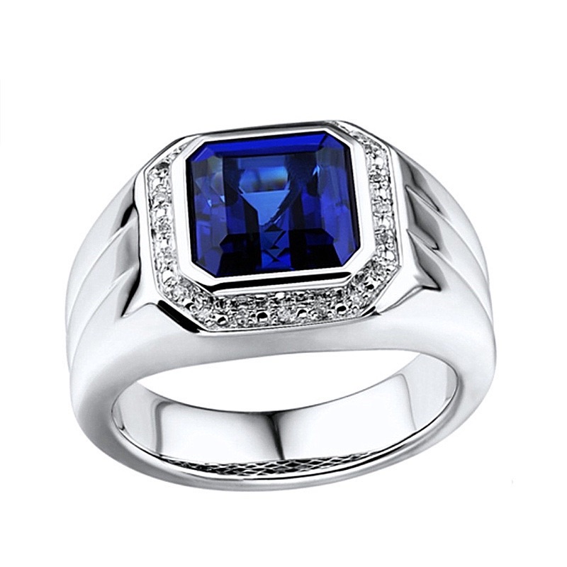 Cincin Pria Perak Royal Blue Safir Cubic Zirconia Safir Biru Elegan Minimalis Kantoran