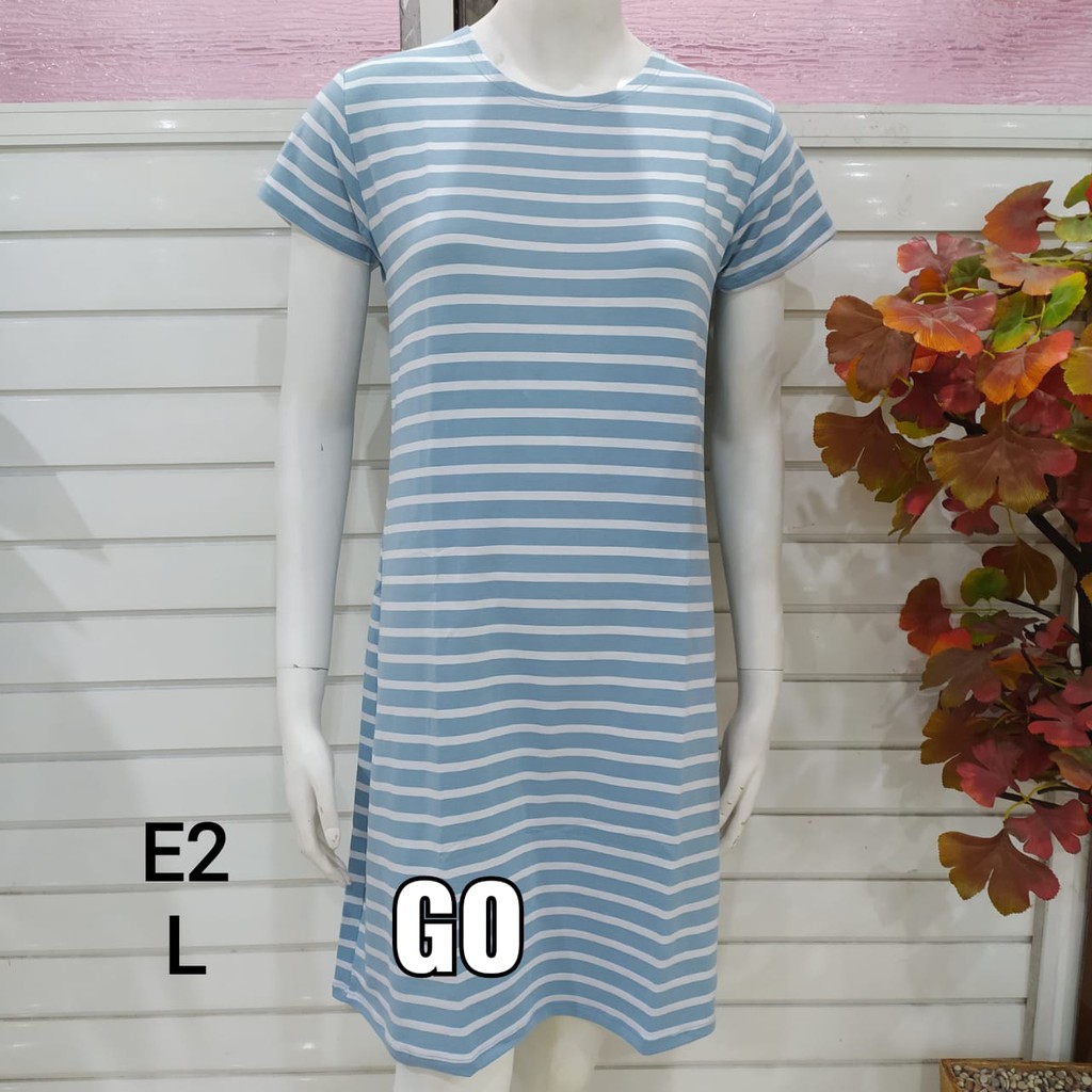 gof DS LMN DRESS/DASTER Wanita Casual Motif Garis Salur Pakaian Perempuan Lengan Pendek