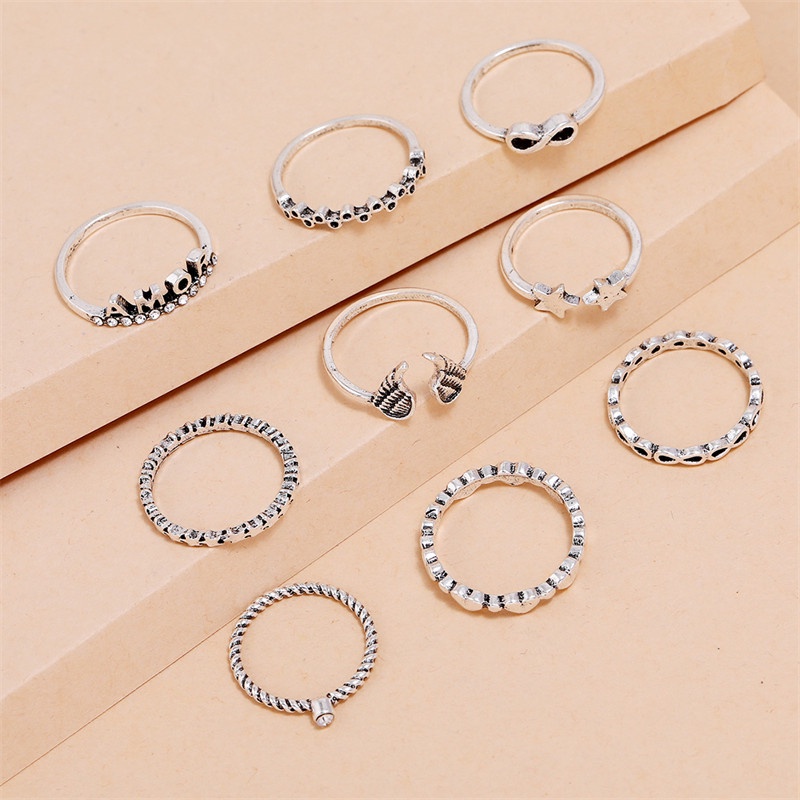 9 Pcs / Set Cincin Desain Sayap Malaikat Bintang Hati Tulisan AMOR 8 Untuk Aksesoris Perhiasan Wanita