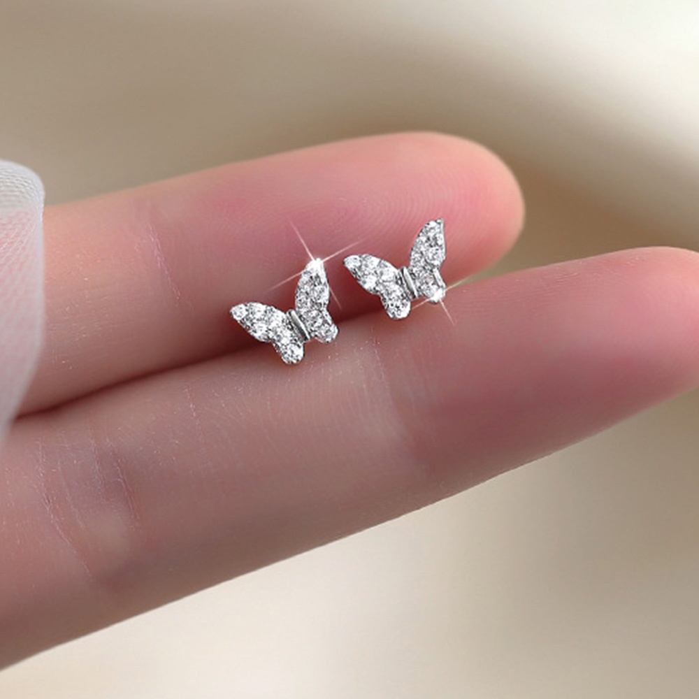 Anting Stud Zircon Bentuk Kupu-Kupu Kecil Warna Silver Untuk Wanita