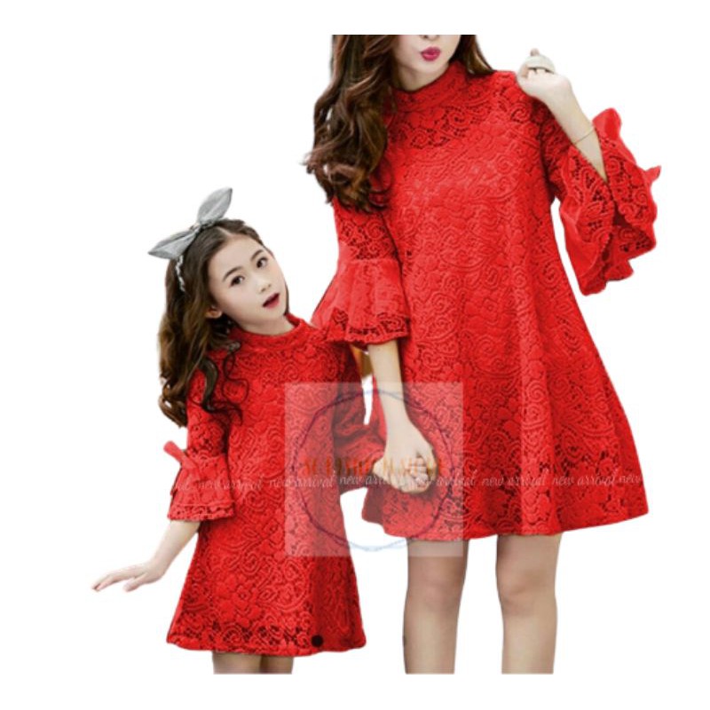 SCFA - NV CEYLA - Dress Wanita Natal Christmas Ibu Anak Motif brukat Warna merah, kuning, pink, Hita