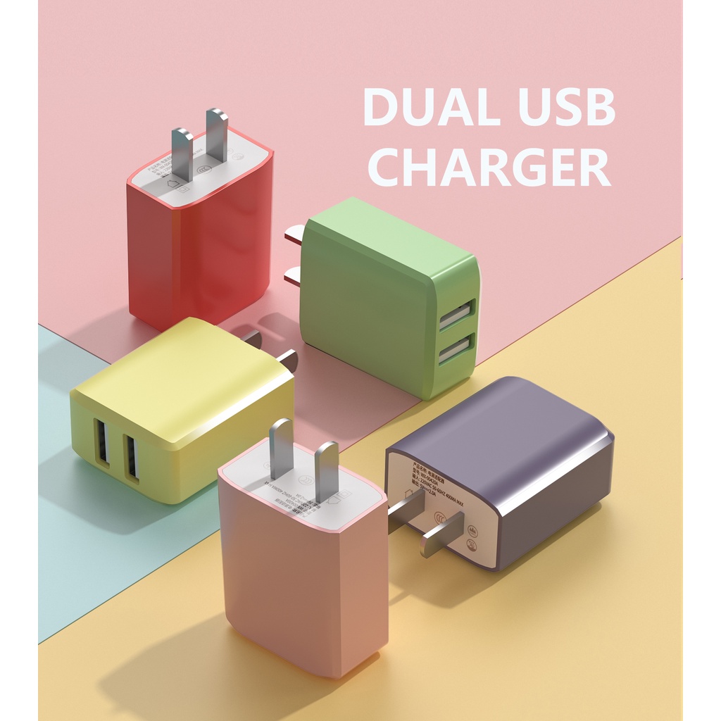 Adapter Charger Power Dual Port Usb Tipe-C 5v2a Warna Macaron Untuk Iphone / Android