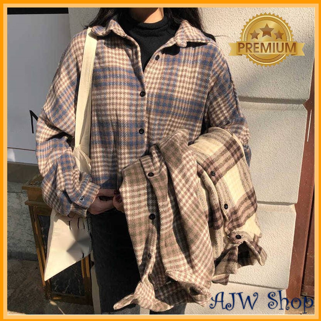 AJWShop Kemeja Flanel Wanita Lengan Balon Oversize Import Tebal Premium | Atasan Kemeja Wanita Jumbo Import Bahan Tebal | Kimberly Kemeja Flanel Import Premium | Kemeja Planel Wanita