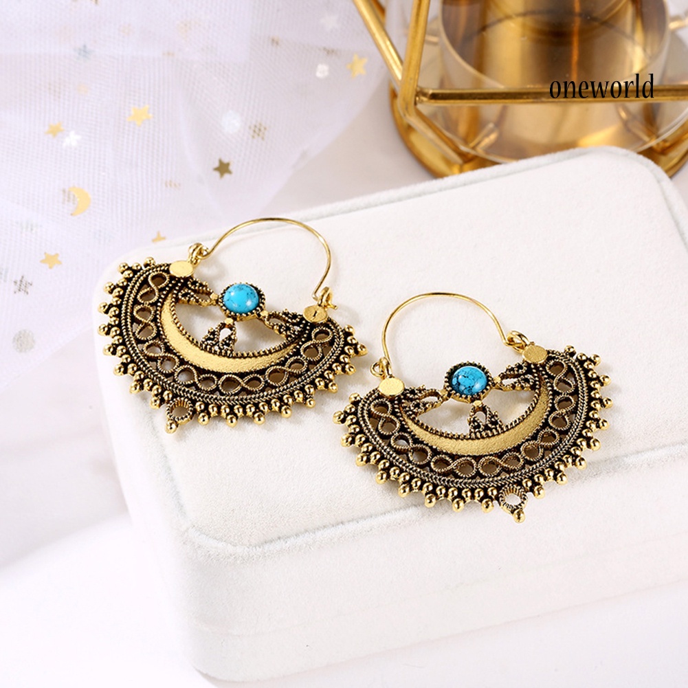 OW@ Ethnic Hollow Pattern Artificial Turquoise Chandelier Dangle Earrings Women Gift