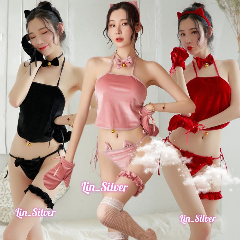 Lingerie Cosplay Kostum Kucing Cat Wanita Seksi Cantik Beludru Premium