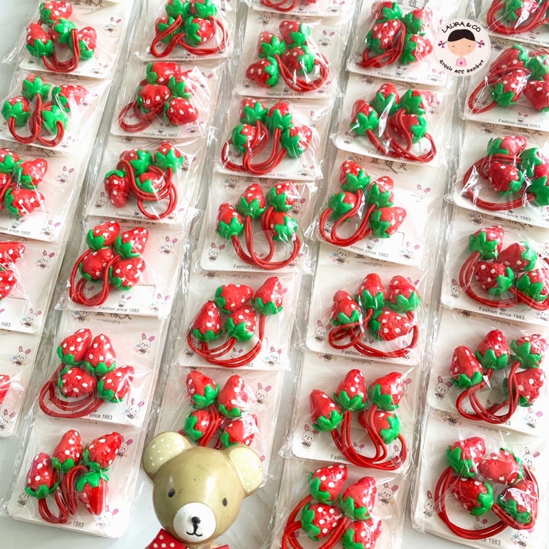 IKAT KUNCIR PASANGAN 12PC STRAWBERRY MERAH LUCU ANAK GROSIR