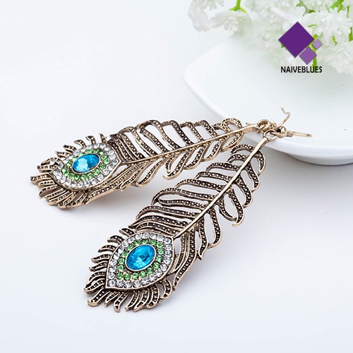 Anting Kait Desain Bulu Merak Aksen Berlian Imitasi Gaya Vintage Untuk Wanita