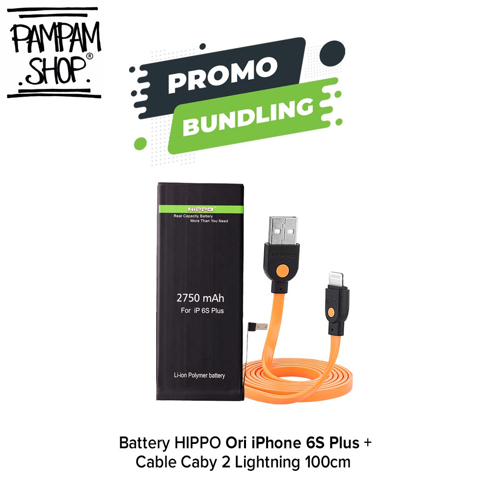 PAKET BUNDLING BATERAI HIPPO IPHONE 6S PLUS 6S+ CABY 2 LIGHTNING 100CM Double Power Batre Original